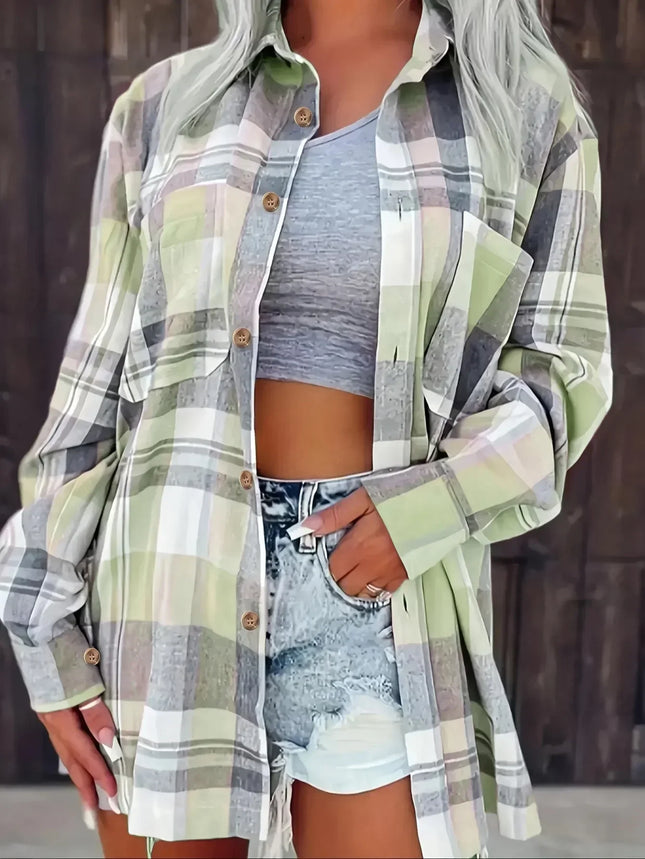 Women's Plus Size Plaid Printed Shirt Casual Loose Long-Sleeved Shirt Lapel Design Shirt Tops