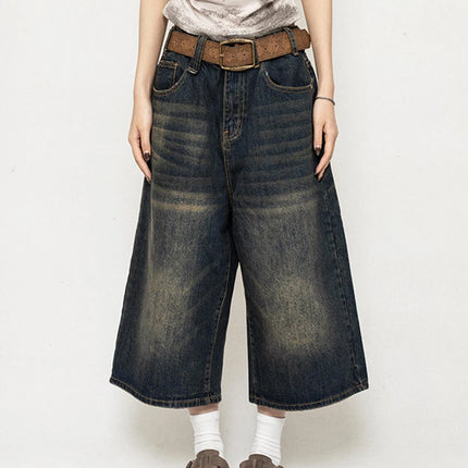 High Waist Black Retro Washed Denim Shorts Women's Harajuku Vintage Fashion Casual Loose Y2K Streetwear Mid Long  Wide Leg Pants