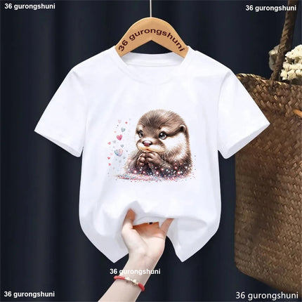Harajuku Kawaii Kids Clothes Funny Otter Love Flowers Animal Printed T-shirt Girls/Boys Summer Fashion T-shirt Tops