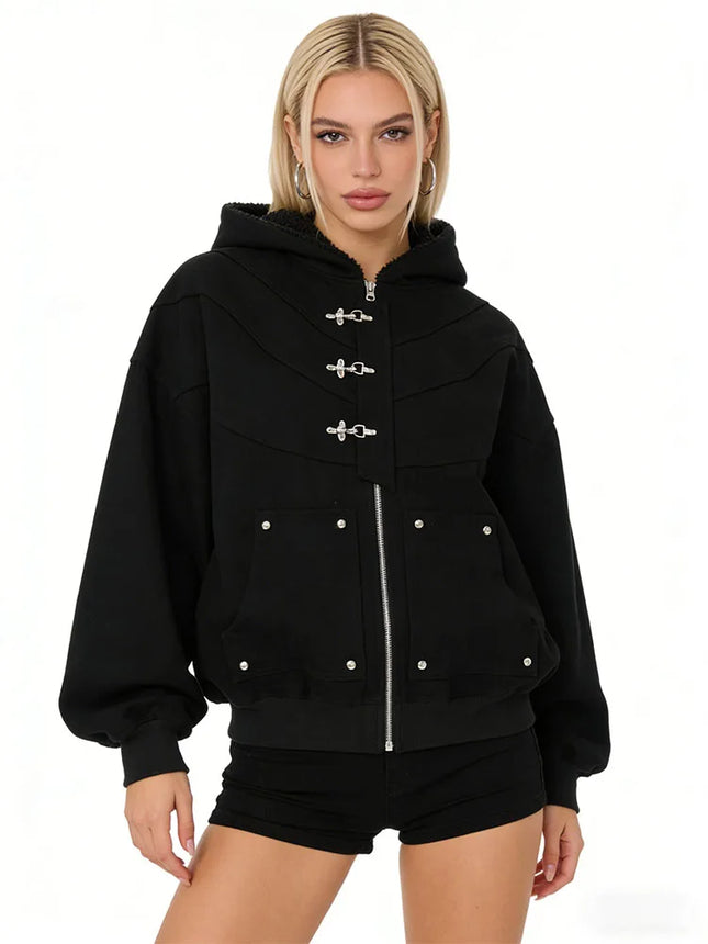 Black Hooded Jacket with Zipper And Metal Buckle Wool Lined Warm Casual Streetwear Loose Work Pants Winter Fashion Set