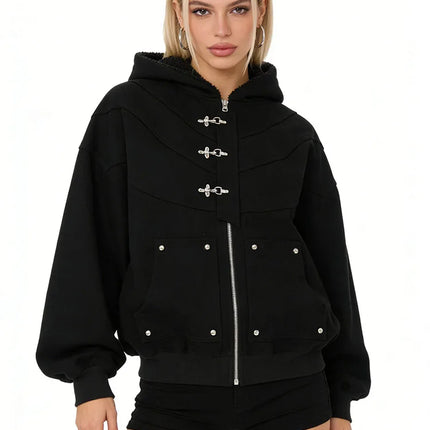 Black Hooded Jacket with Zipper And Metal Buckle Wool Lined Warm Casual Streetwear Loose Work Pants Winter Fashion Set