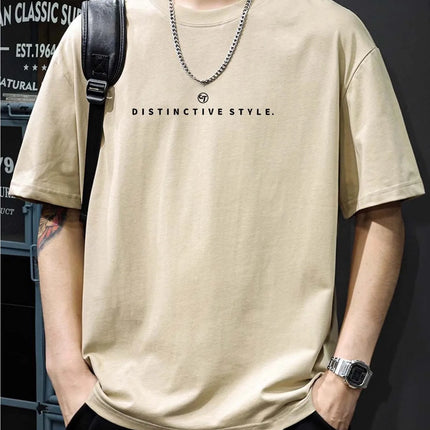 Men's 100% Cotton Casual T-Shirt - Short Sleeve, Round Neck, "DISTINCTIVE STYLE" Letter Print Design, Navy Blue, Casual Attire