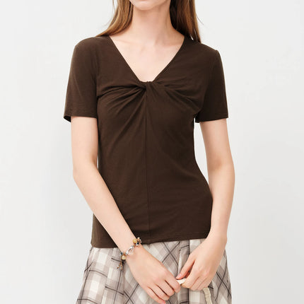 FSLE 2026 Spring Summer Women's Slim Fit V-Neck Short Sleeve Knit Top Mulberry Silk Cupro Blend Shirt for Lightweight Soft Touch
