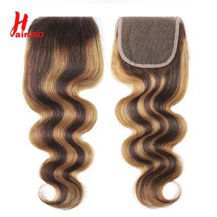 P4/27 4x4 Lace Closures Deep Wave Highlight Lace Closure 100% Human Hair Closure With Baby Hair Remy Brazilian 10''-20'' HairUGo