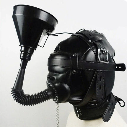 PU Leather Sensory Deprivation Head Harness Headgear Open Mouth Gag Removable Funnel Femdom BDSM Restraint Hood Roleplay