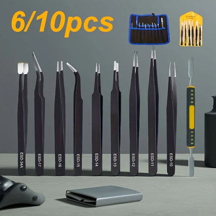 10-Piece High-Quality Anti-Static Stainless Steel Tweezer Set - Precision, Corrosion-Resistant, Ergonomic Design for Home Repair