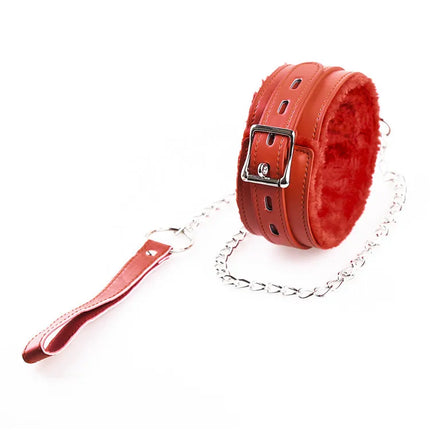 Faux Leather Plush Neck Choker Furry Collar with Metal Chain Drag Leash Lockable Harness BDSM Bondage Restraints  Sex Toys