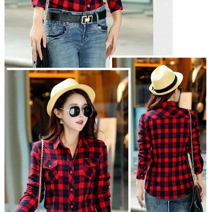 Slim Fit Plaid Long Sleeve Women's Shirt Qiang Yixuan Brand Autumn New Korean Version Cotton Button-Up Shirt