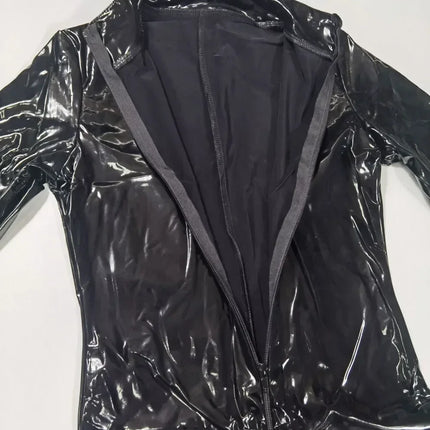 Red Black Glossy PVC Leather Bodysuit For Women Porn Double Zipper Open Crotch Costume Shiny Latex Jumpsuit Long Sleeve Catsuit
