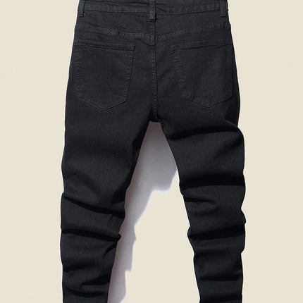 Men's Stretchy Ripped Denim Jeans Slim Fit Straight Trousers Elastic Waist Patchwork Holes Tearing Streetwear Casual Pants