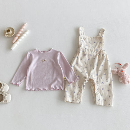 Autumn baby and toddler long-sleeved overalls set: A casual base layer shirt and a sweet two-piece set of printed overalls