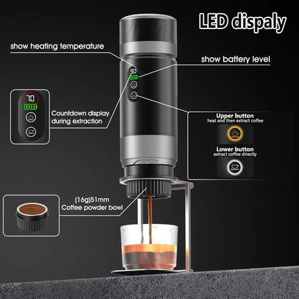 DENOKIN 3-in-1 Portable Espresso Coffee Machine With Digital Display Removable Battery for Car & Home Camping Coffee Maker