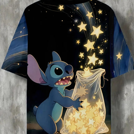 Cute Stitch Holding Stars Bag Print T-shirt Men Streetwear Cartoon Graphic Tops