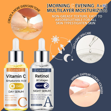 GSWP Day & Night Serum Set,Vitamin C + Retinol + Hyaluronic Acid Serums,Deeply moisturizes,tightens and brightens the face.2/3PC