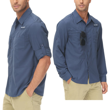 Summer Men's UPF 50+ Casual Long Sleeve Fishing Shirts, Lightweight Tactical Button Down Shirt with Breathable Back Mesh