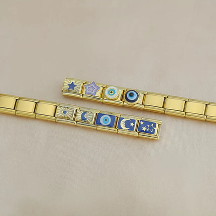 Hapiship Drop Shipping 2024 Moon Star Eye Golden Italian Charm Links Fit 9mm Stainless Steel Bracelet Wholesale Jewelry DJ1373-A