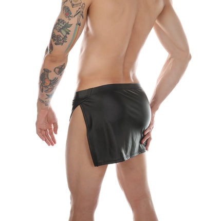 Sexy PU Side Opening Skirt Men's Faux Leather Boxer Shorts Elasticity Fashion Mini Slit Skirt Soft Leather Erotic Lingerie
