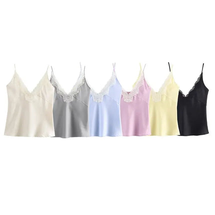 Women's Lace Decorative Strap Top Silk Satin Feel Versatile 2024 Autumn New Style Fashion Outerwear Regular Length