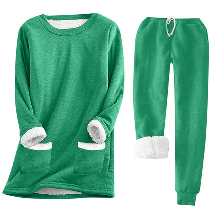 Women Winter Thicken Pajama Sets Fleece Warm Lined Long Sleeve Sweatshirt Sweater With Pant Suits 2pcs Bottoming Thermal Sets
