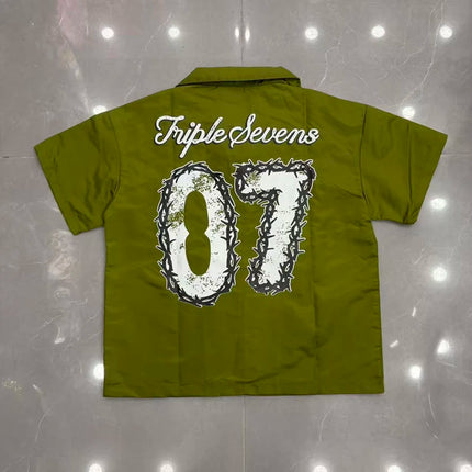 Red Triple Sevens Side Slit Button Placket Shorts Pockets 7S Logo Jorts Men Women Casual Drawstring Waterproof Loose Shortpants