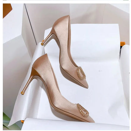 2025 New Women's Slim High-Heeled Pointed Toe Pumps with Rhinestone Buckle - Sexy Shallow-Cut Single Shoes
