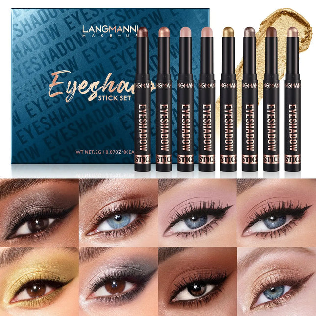 16 Vibrant Metallic Eyeshadow Sticks Waterproof Long Lasting Satin Finish Professional Makeup Pencil Set 8 Colors