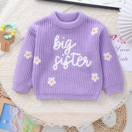 Baby Girl Knitted Round Neck Sweater with Letter Big Sister and Flower Embroidery, Fresh and Versatile, Ins Hot-Selling Top