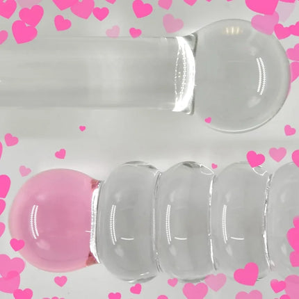 Glass Dildo G-spot Wand Anal Beads Butt Plug with Pink Head Dual Ended Fetish Prostate Massager Masturbation Sex Toy for Women
