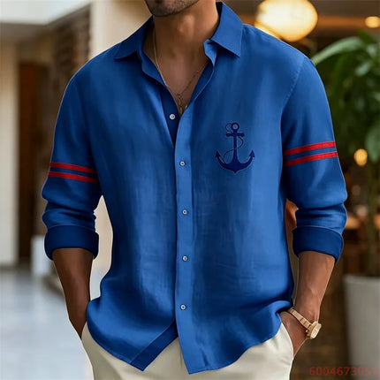 2026 Summer New Men's Long-Sleeve Shirt, Contrasting Collar with Anchor Print, Fashionable Casual Hawaiian Shirt, XS-6XL