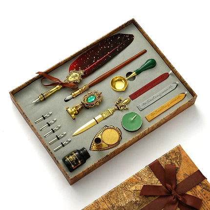 Luxury Fountain Pen Set, Retro Sprinkling Feather Pens Calligraphy Writing Dip Kit with Wax Seal Stamp & Replace Nibs, Gift Box