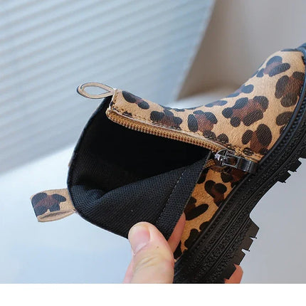 Kids Boots Leopard Prints Classic Little Boys Ankle Boots Side Zipper Fashion Classic Unisex Girls Rubber Boots Breathable Warm
