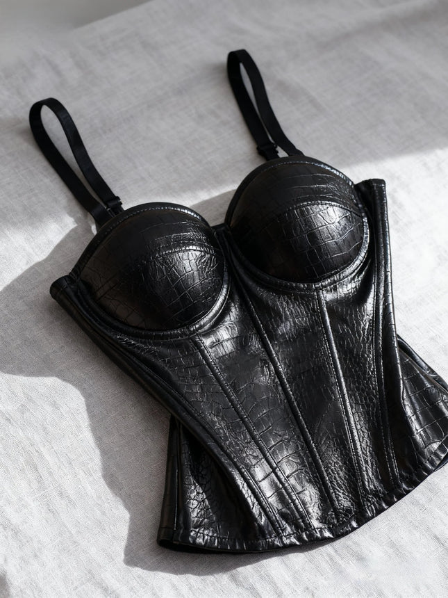 PU Leather Fishbone Strapless Bralette Tank Top Women's Sexy Slim Fit Summer Innerwear Outerwear Waist Cinching Bandeau