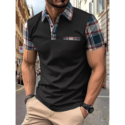 Business Men's Polo Shirt Casual Summer Short Sleeve Top Lines Pattern Printed Buttons Fashionable Golf Shirt