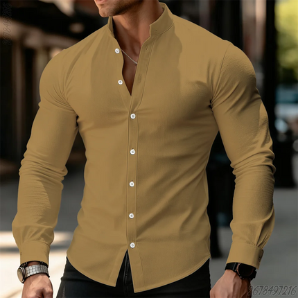 21 New Colors Men's Solid Color Long-Sleeved Stand Collar Shirt, Comfortable, Casual, Business, High-Quality, Elegant Men's Top