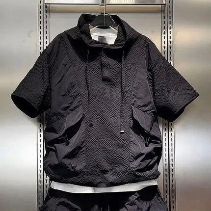 Fashionable Workwear Breathable Quick-drying Sports Suit Men's Textured Casual Hooded Short-sleeved Shorts Two-piece Set