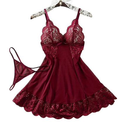 Lingeries Sexy Hot Set V-neck Bra Thong Nightgown With Panties Transparent Ultra-thin Summer Underwear Pajamas Woman Sleep Dress