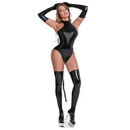 Lady Sexy Faux Leather Latex Catsuits With Belt High Cut Wetlook PU Lingerie Bodysuit Clubwear Costumes Gloves Long Stockings