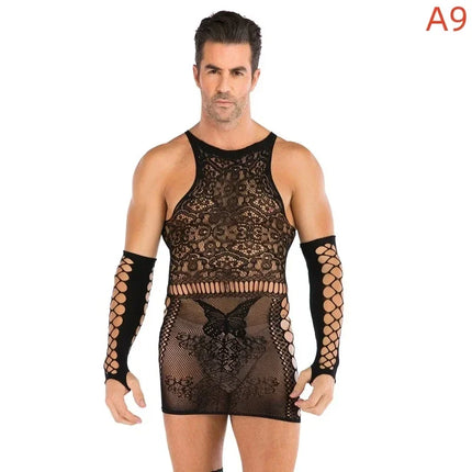 Men's Black Sexy Fishnet Body Stockings Plus Size Male Erotic Underwear Exotic Open Crotchless One-pieces Body suits for Man