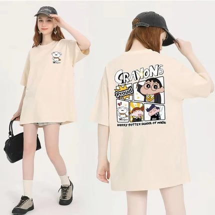 Miniso  Crayon Shin chan T-shirt Women's T-shirt Pattern Cartoon T-shirt Summer Short sleeved Anime Street Top Women's T-shirt