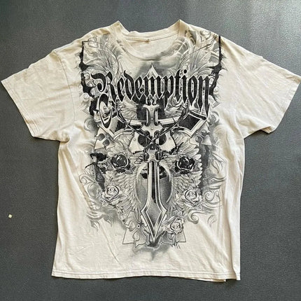European and American men's summer Gothic letter skull print comfortable and breathable round neck T-shirt outdoor street top