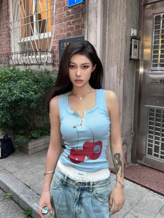 Blue Cherry Print Crop Top Women's Summer Slim Fit High Street ort Zipper Trendy Strap Vest Sweet Sle 8-24 Years Old