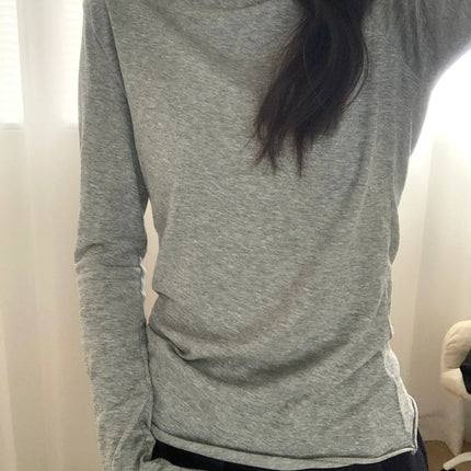 White Basic Long Sleeve T-Shirt Women's Thin Style Autumn Cuffed Loose Feeling Base Layer Shirt Simple Top for Teen Girls