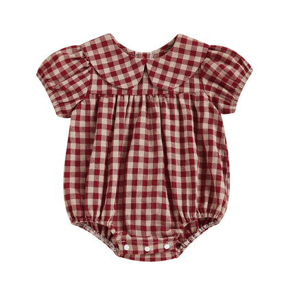 Baby Girls Romper Puff Short Sleeve Doll Collar Plaid Infant Bodysuit Infant Summer Clothes