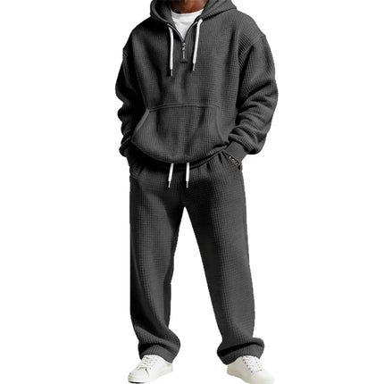Autumn and Winter Waffle Hooded Sweatshirt Sweatpants Set 3D Printed Casual Sports Suit Men