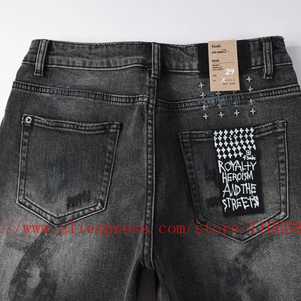 Latest Style Men's Grey Vintage Washed Denim Shorts Distressed Ripped Stitch Detail Slim Fit Casual Shorts Streetwear Bottoms