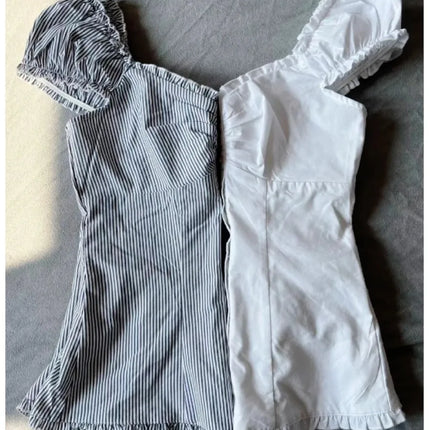 Blue Striped Folds Blouse Top Women New Casual Single Breasted Ruffle Sleeveless Tank Tops Vest Sweet Preppy Style Camisole Y2K