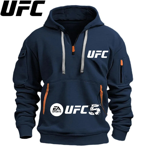 UFC Men's Hooded Sweater Leisure Sports Pullover Retro Harajuku Long Sleeve Casual Loose Coat Zipper Multi-pocket Street Wear