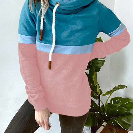 Women's sweatshirt 2024 new autumn and winter solid color stitching casual high collar hooded cross-border sweatshirt for women