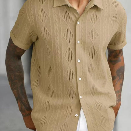 Men's regular slim fit solid color short sleeved shirt with button down casual hollow top, suitable for summer fashion daily wea