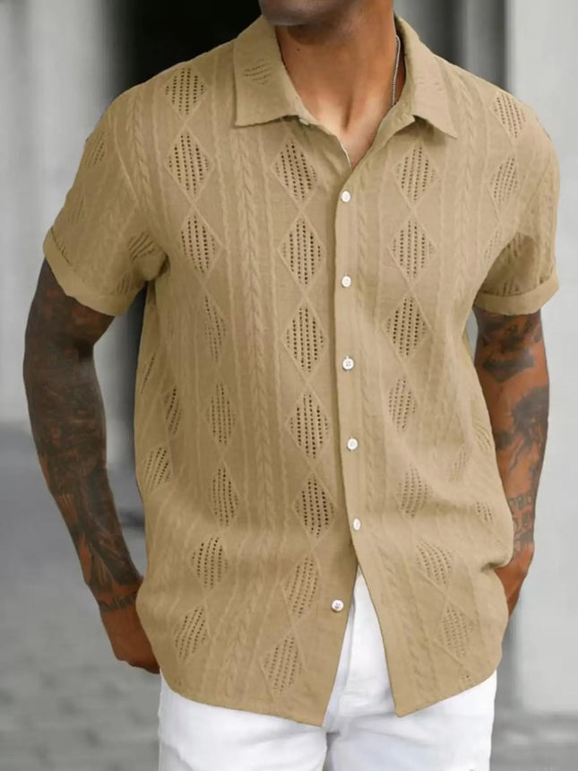 Men's regular slim fit solid color short sleeved shirt with button down casual hollow top, suitable for summer fashion daily wea